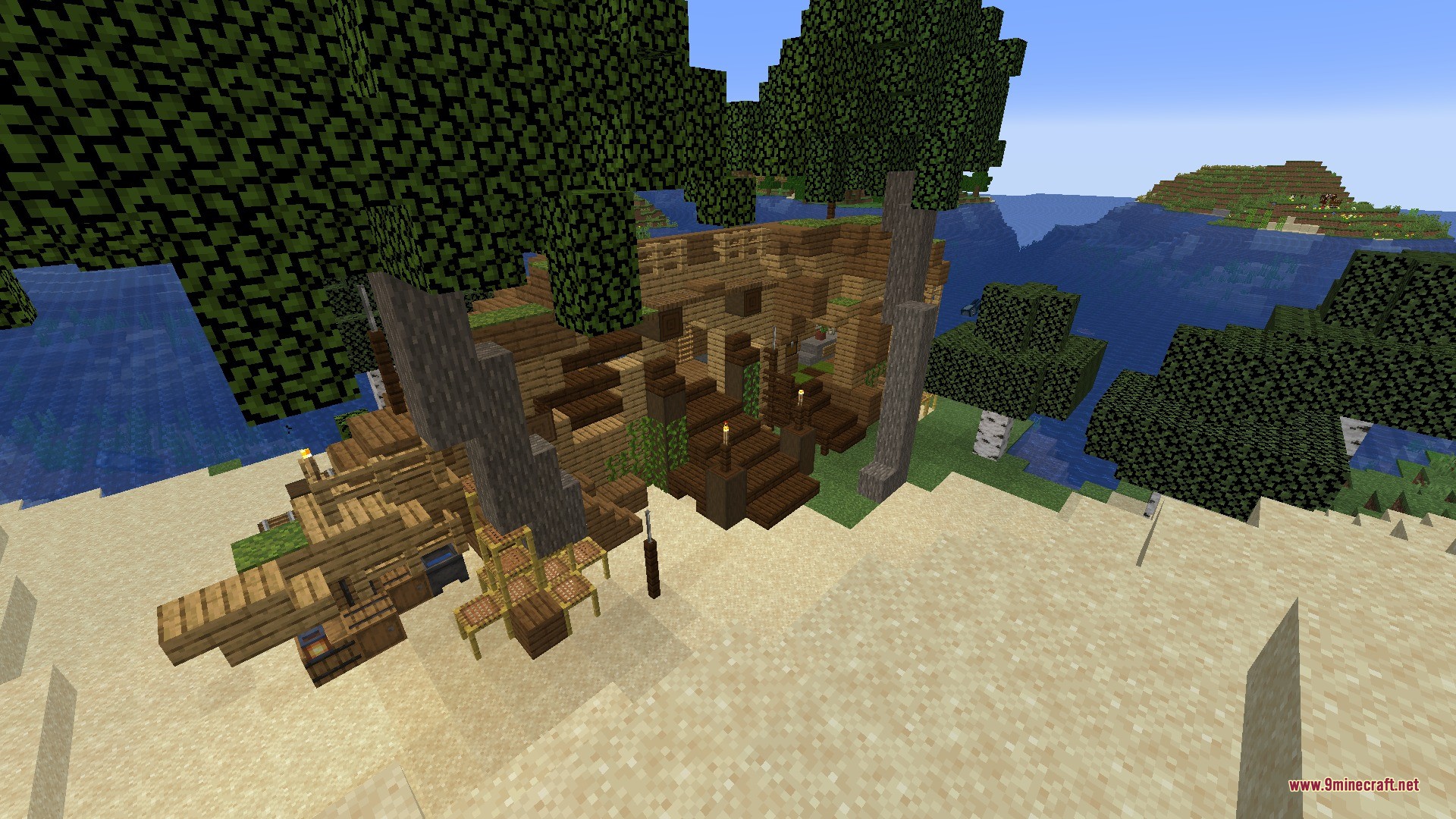Vista Lore Bound Data Pack Screenshot 4 Large wooden structure with stairs built on a beach next to the water