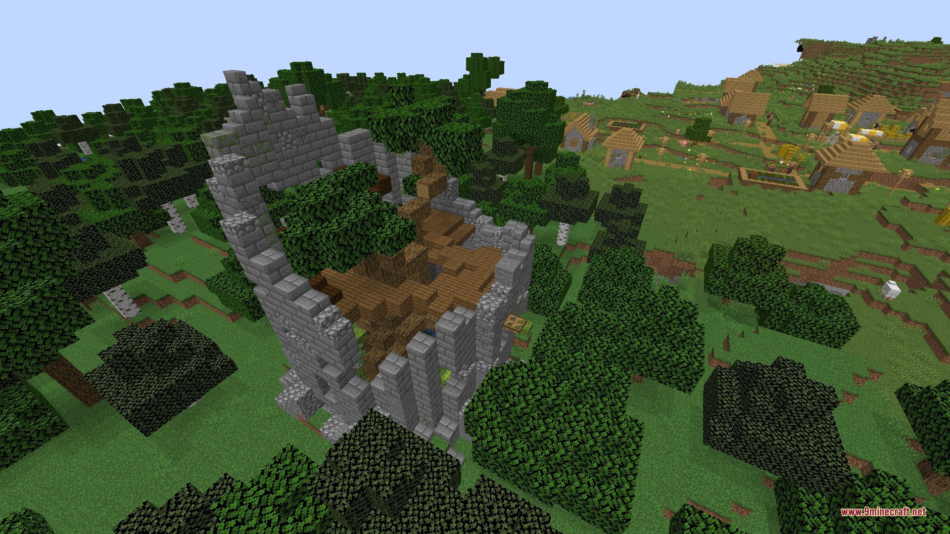 Vista Lore Bound Data Pack Screenshot 5 Overgrown stone ruins of a tower located near a village in a forest