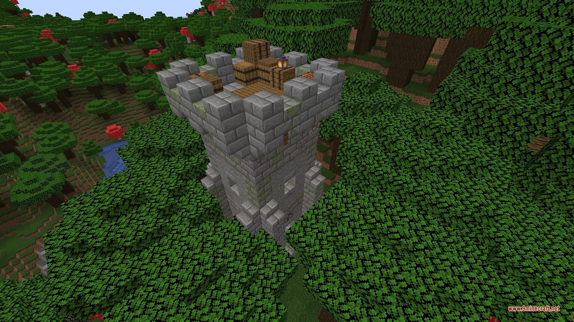 Vista Lore Bound Data Pack Screenshot 6 A small stone watchtower with barrels on top overlooking a dense forest