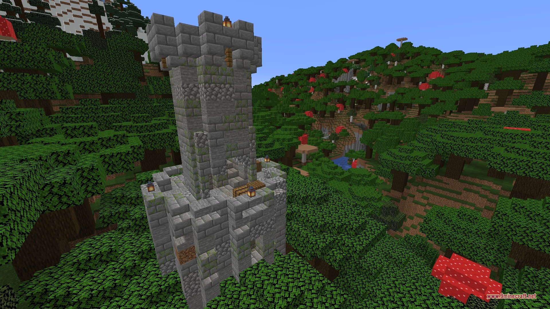 Vista Lore Bound Data Pack Screenshot 8 An ancient stone tower overlooks a dark forest filled with giant red mushrooms