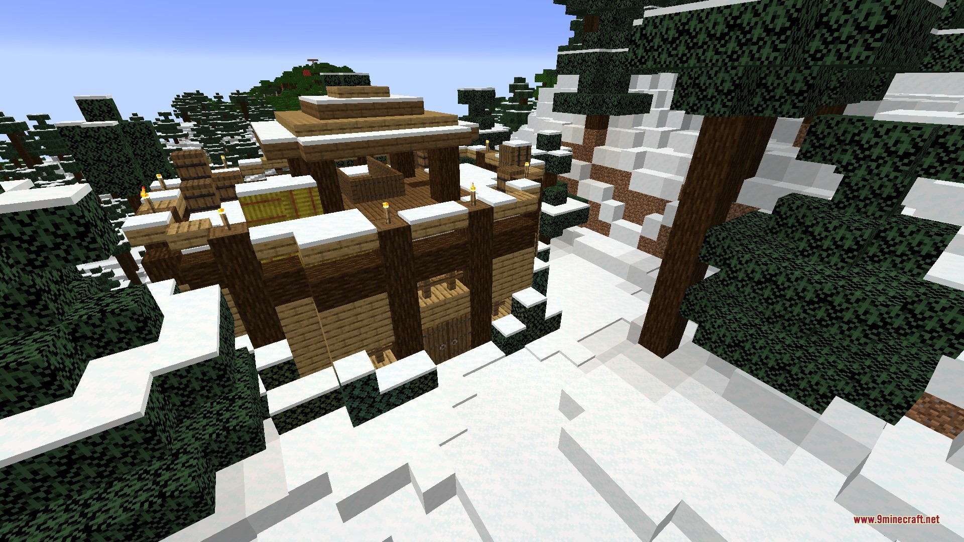 Vista Lore Bound Data Pack Screenshot 9 A large wooden cabin with snow on the roof in a snowy forest