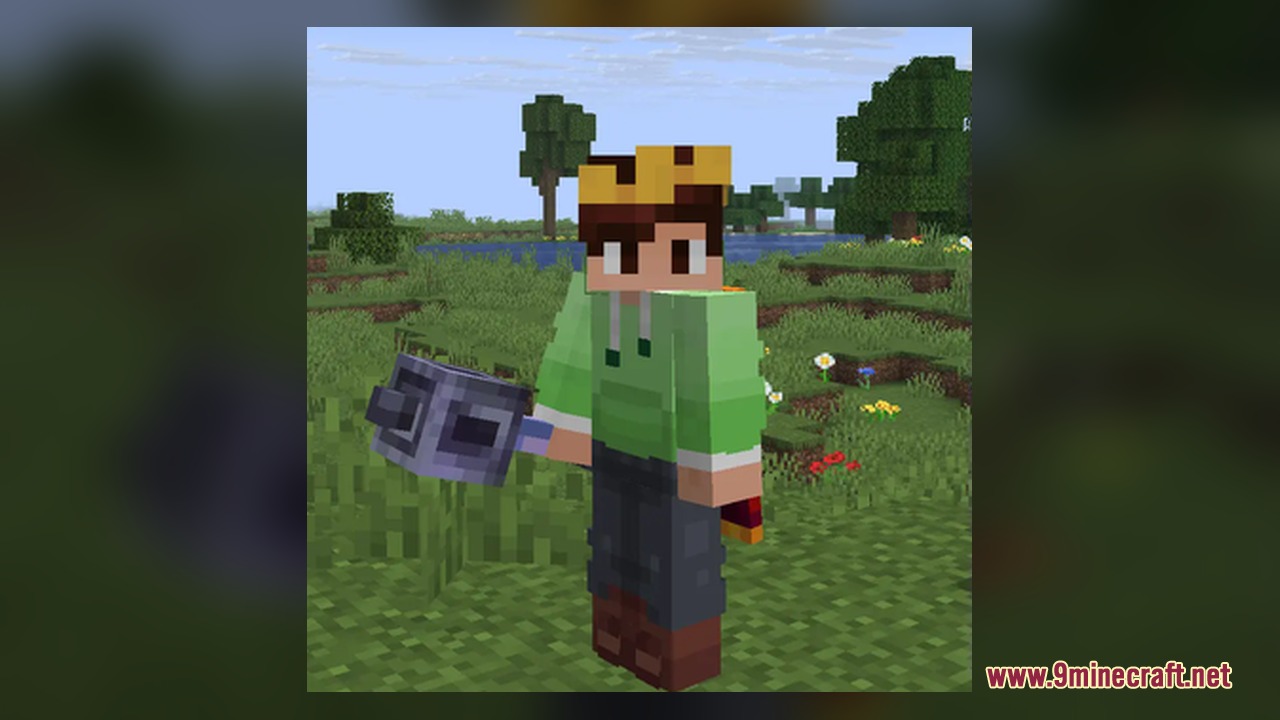 Visual 3D Mace Resource Pack Screenshot 2 A player character wearing a crown holds a large 3D mace weapon