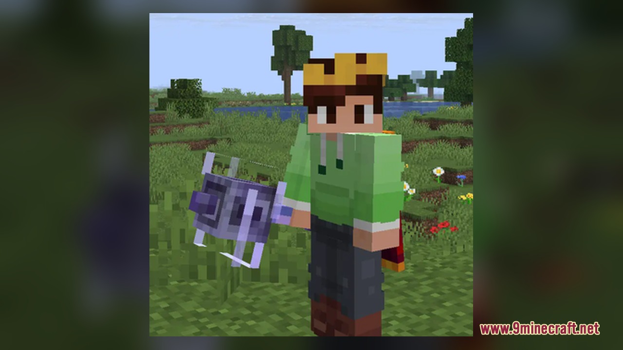 Visual 3D Mace Resource Pack Screenshot 6 A Minecraft character wearing a crown holds a 3D mace in a field