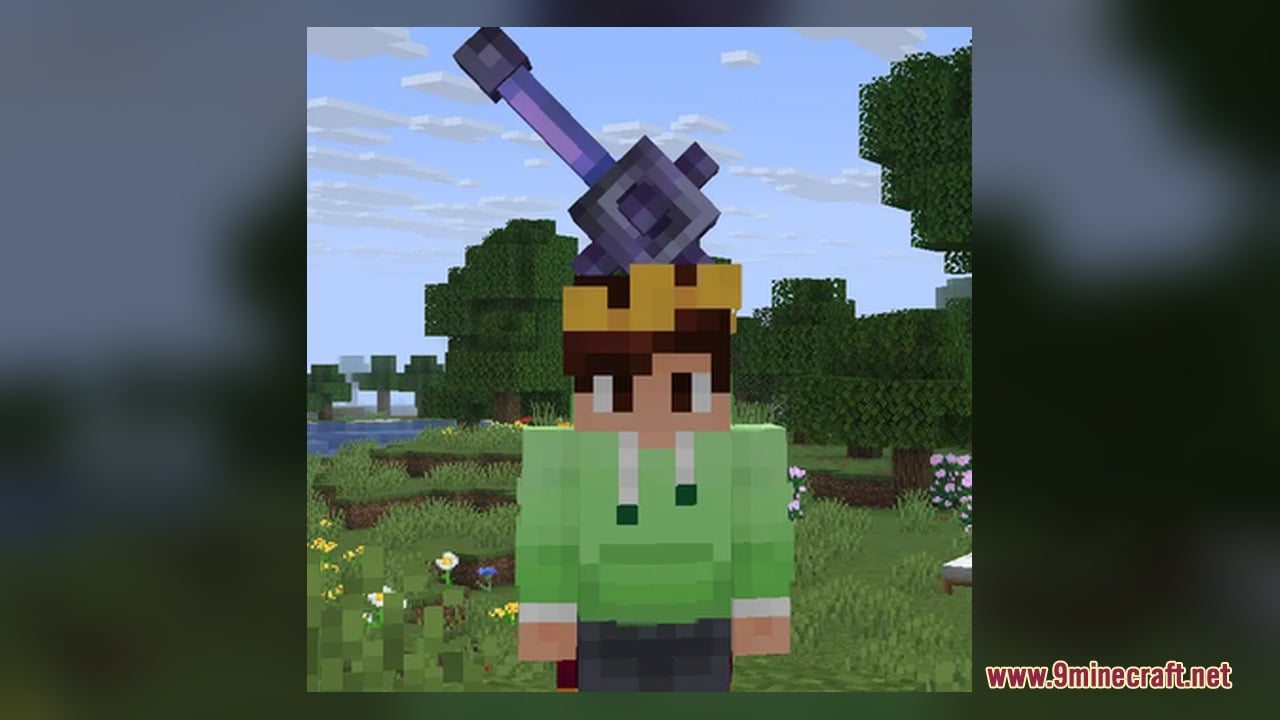 Visual 3D Mace Resource Pack Screenshot 9 Minecraft character wearing a crown with the Visual 3D Mace on their head