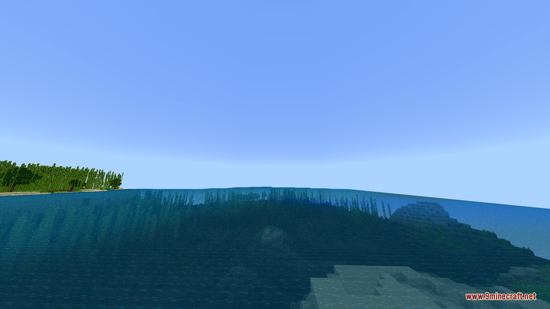 Soft lighting illuminates a vast ocean with kelp and a distant bamboo island