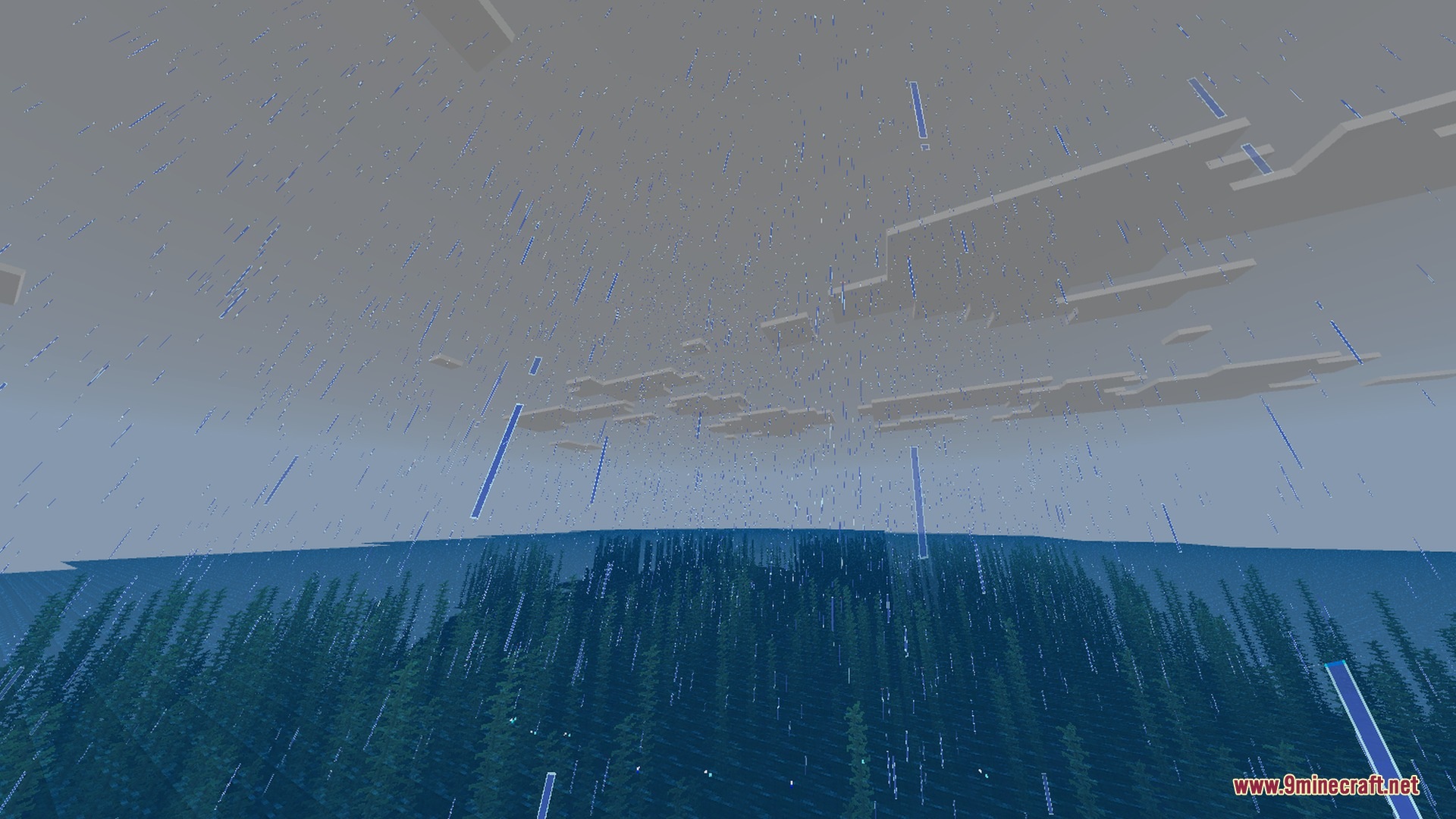 Rain falling over a vast Minecraft ocean with kelp visible beneath the surface