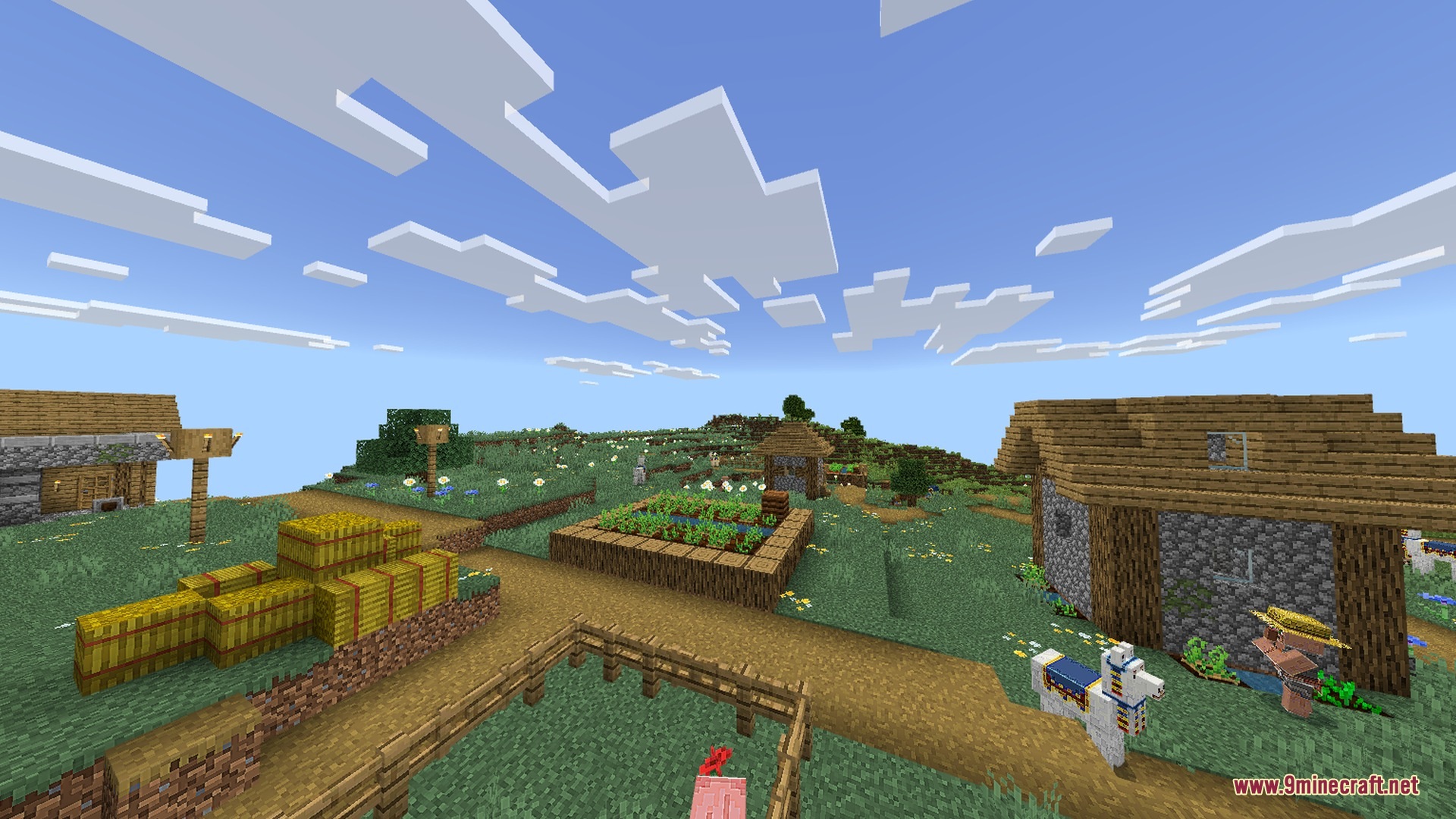 A peaceful Minecraft village with hay bales a farm and a llama