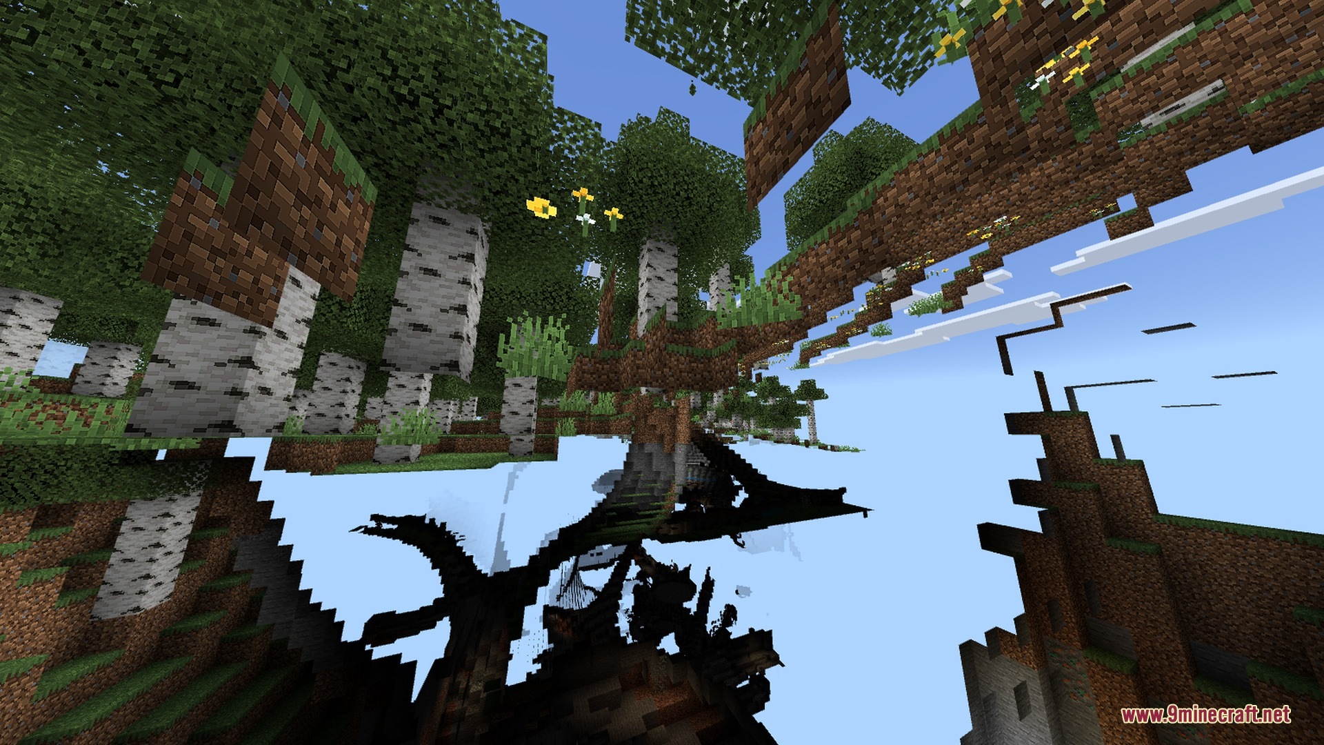 A glitched perspective showing birch trees and floating blocks with soft shadows