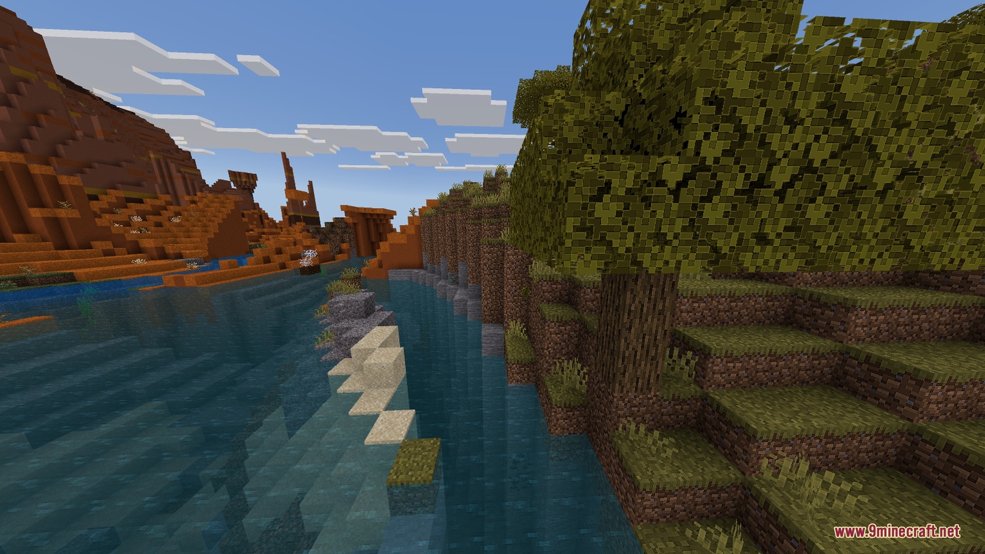 A river flowing between a mesa and a forest with soft shadows