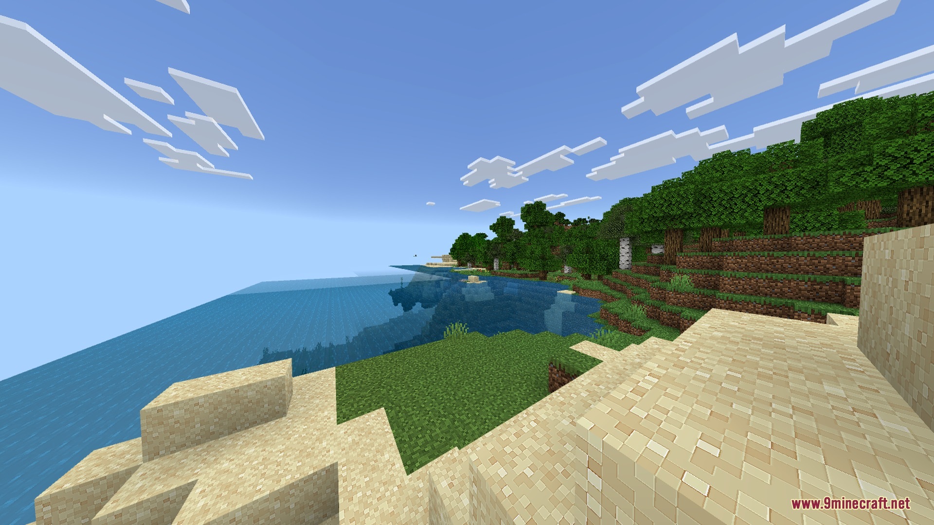 Smooth shadows cast over a sandy beach and forest in a Minecraft world