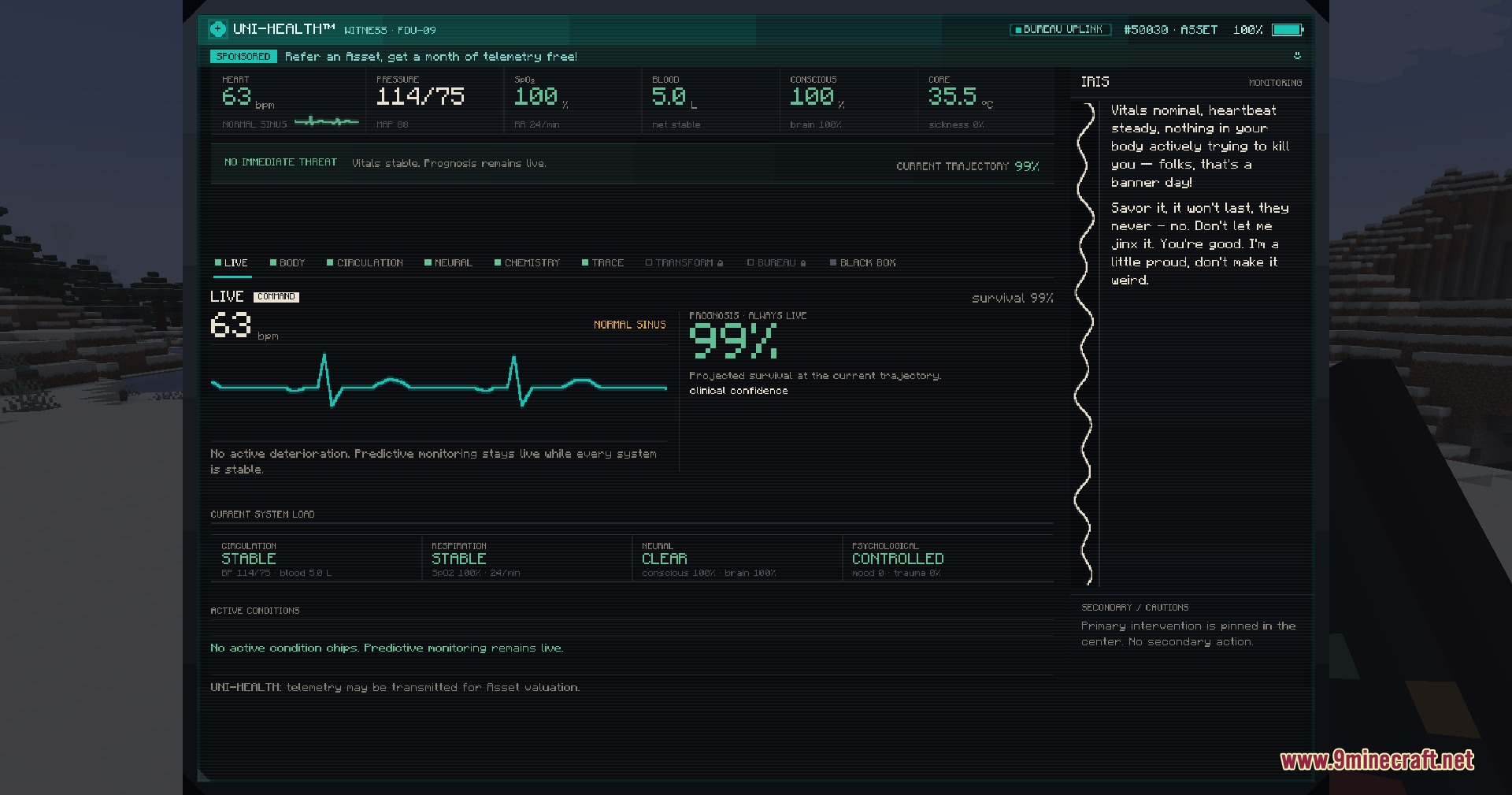 Vitals Under Siege Mod Screenshot 2 Detailed medical interface displaying player vitals and health status in Minecraft