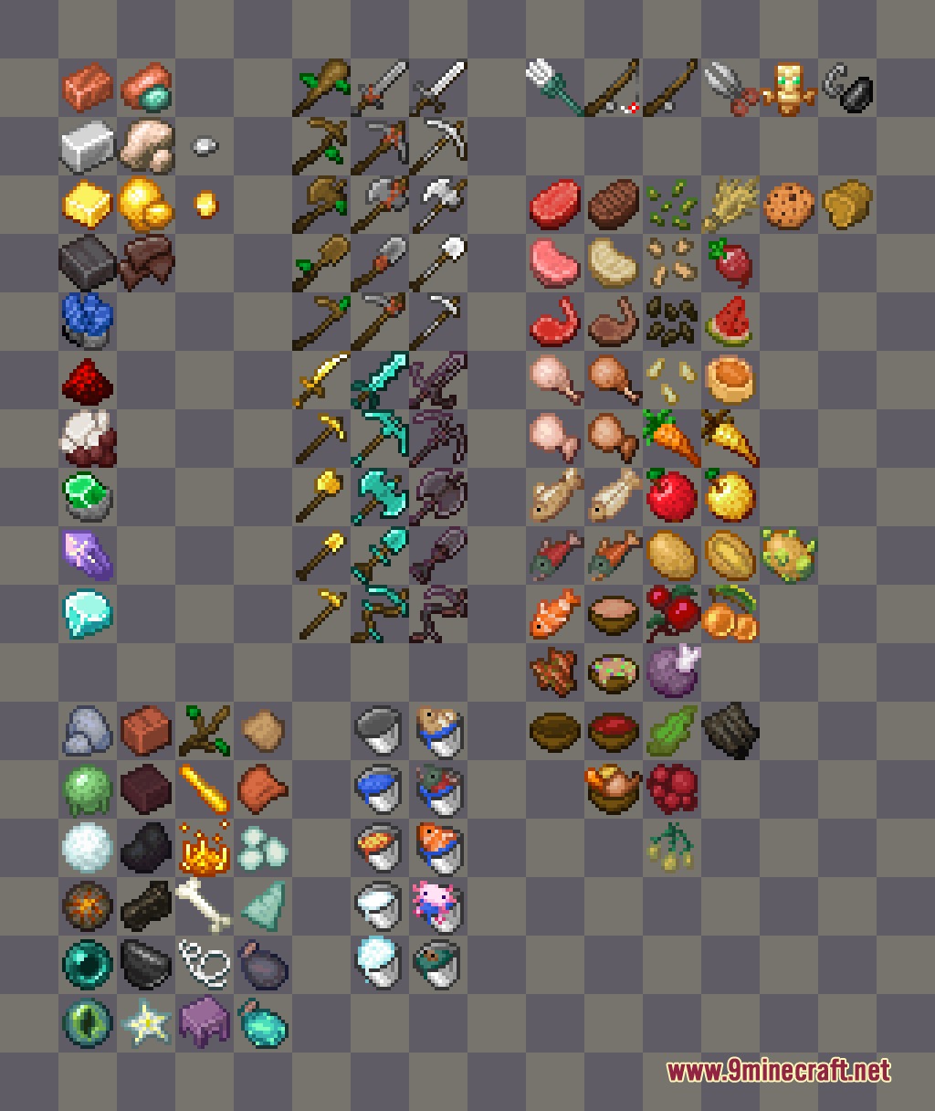Vivid Flux Resprite Resource Pack Screenshot 1 Custom item sprites for Minecraft featuring tools food ores and various buckets