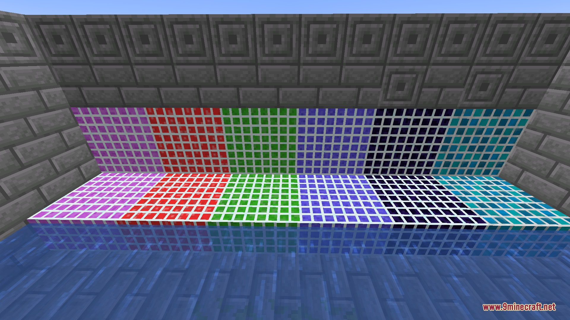 Vivid Utility Frames Mod Screenshot 1 Vibrant pool tiles in different colors arranged against a stone brick wall