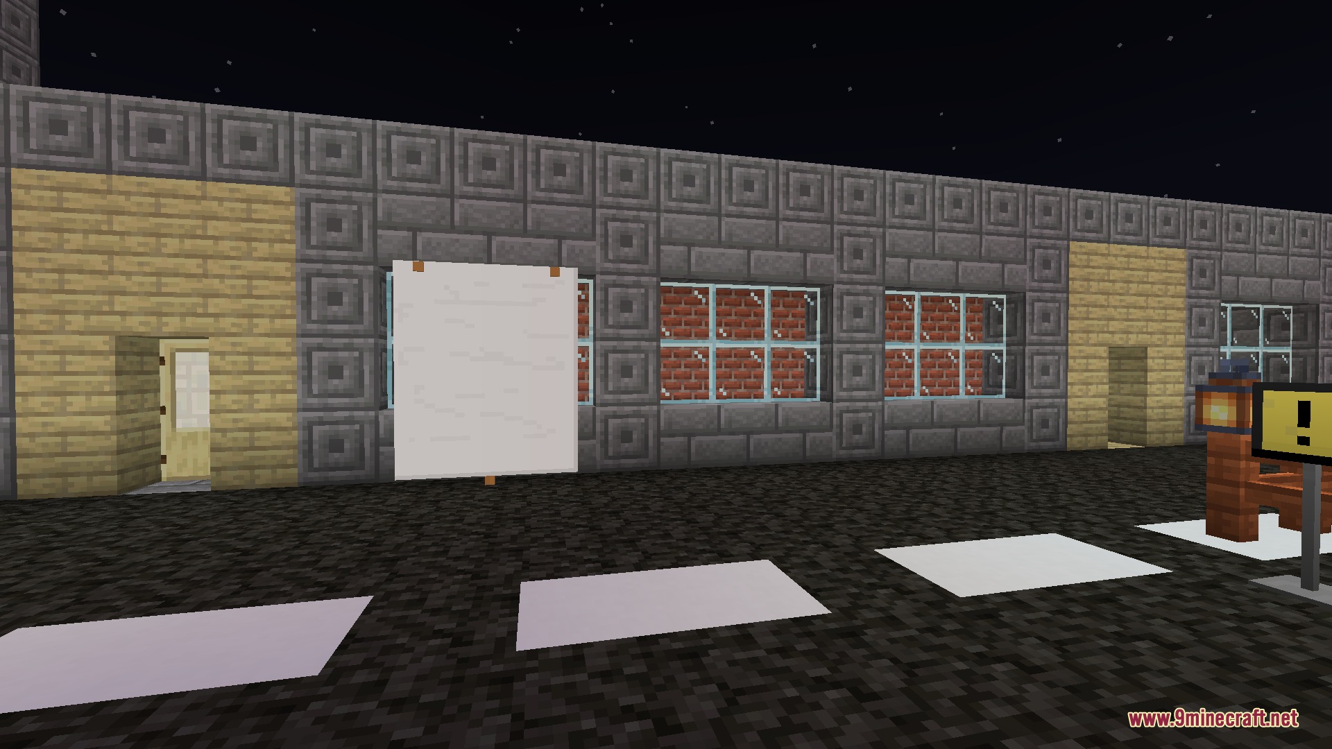 Vivid Utility Frames Mod Screenshot 2 Stone brick building with wooden accents and a large white paper wall block