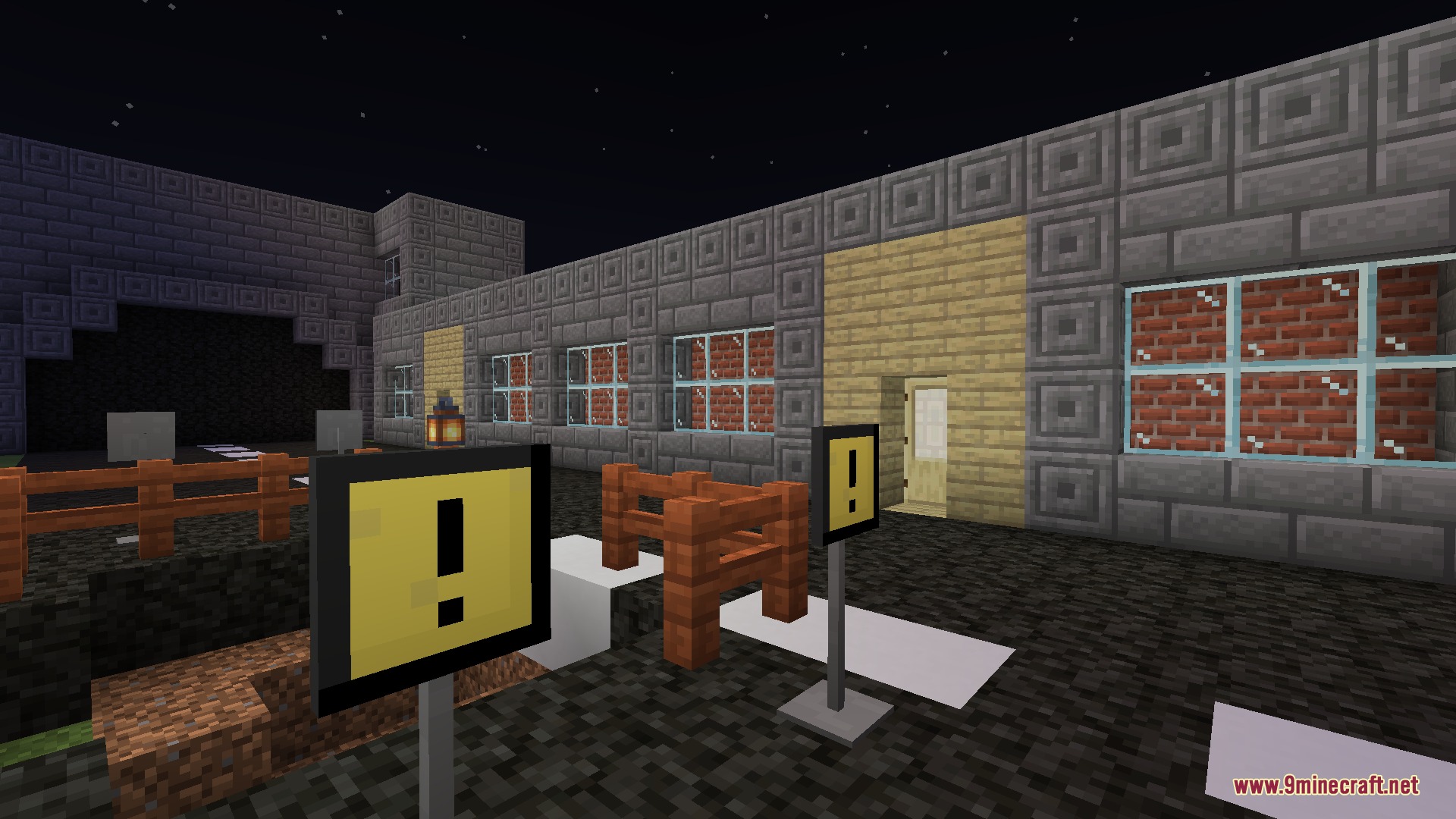 Vivid Utility Frames Mod Screenshot 3 Yellow hazard signs stand near a stone building at night