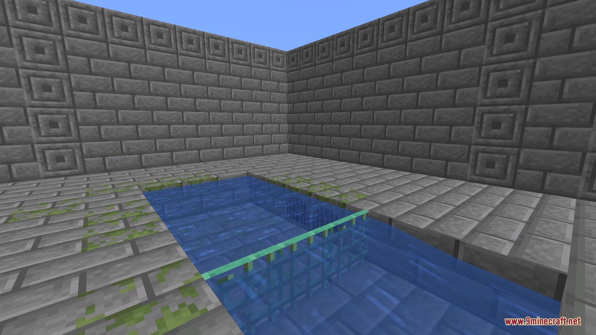 Vivid Utility Frames Mod Screenshot 4 Indoor pool area featuring blue water and specialized stone tile blocks