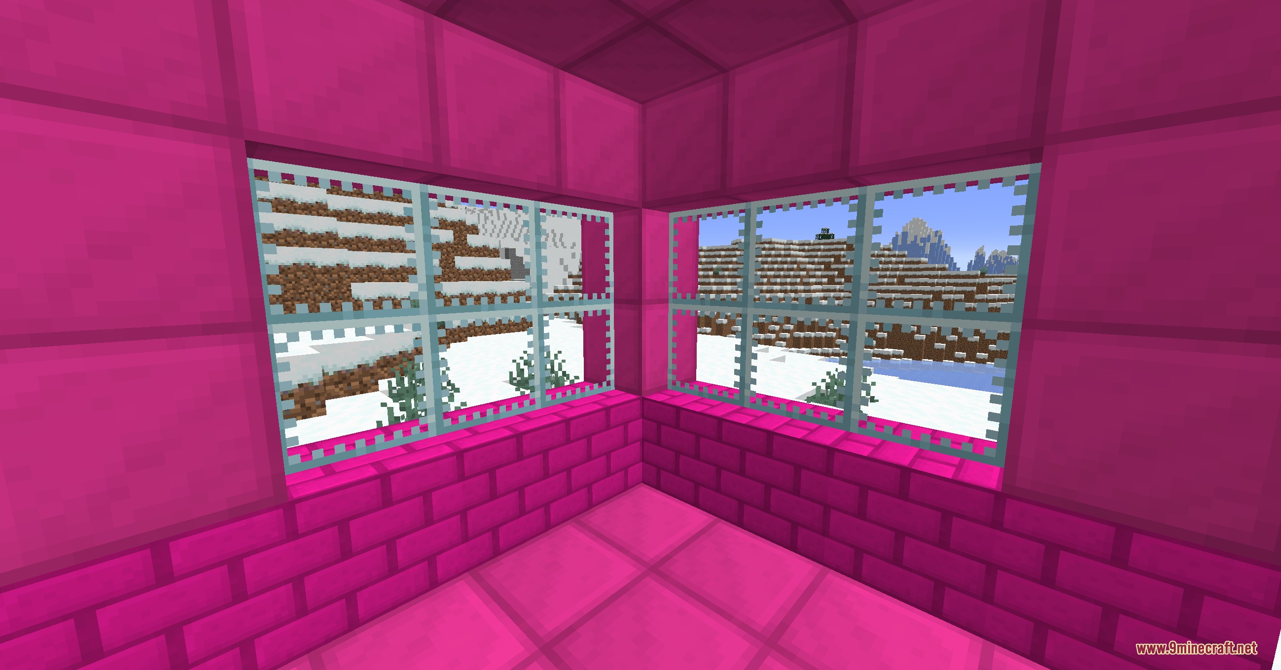 Vivid Utility Frames Mod Screenshot 8 Pink quartz brick interior with windows showing a snowy landscape