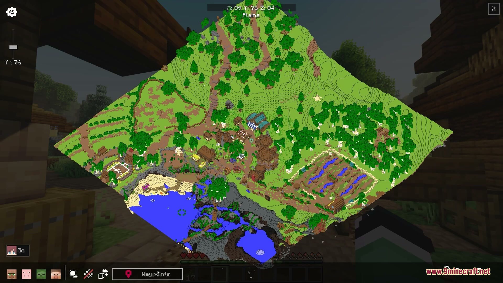 Vocalist Relic Projection Mod Screenshot 6 A three dimensional map projection of a village and forest in the Overworld