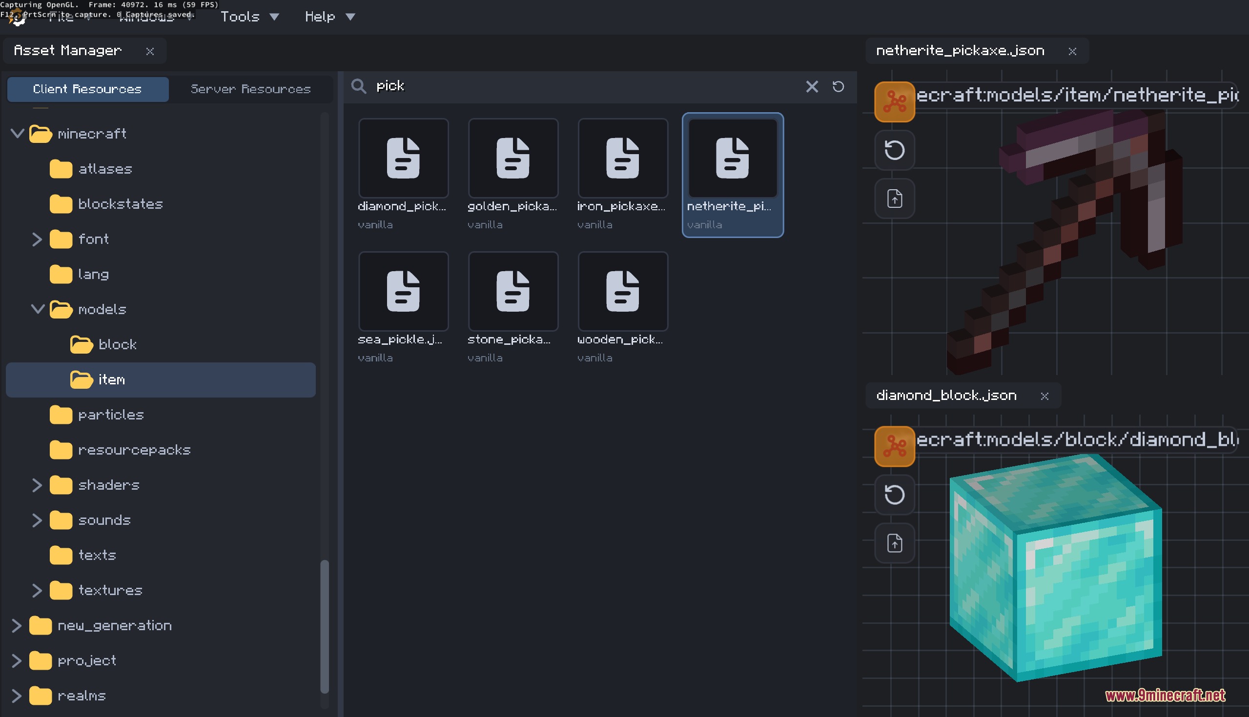 Vortex Scripting Core Mod Screenshot 6 The asset manager tool showing a netherite pickaxe and a diamond block model