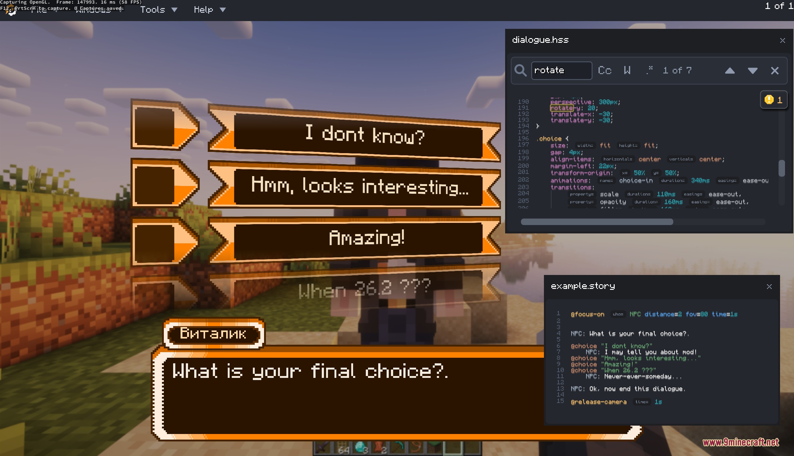Vortex Scripting Core Mod Screenshot 7 Interactive dialogue system with multiple choices and an integrated script editor window