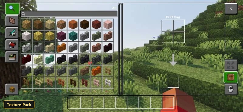 inventory screen showing various blocks in a grassy hills biome