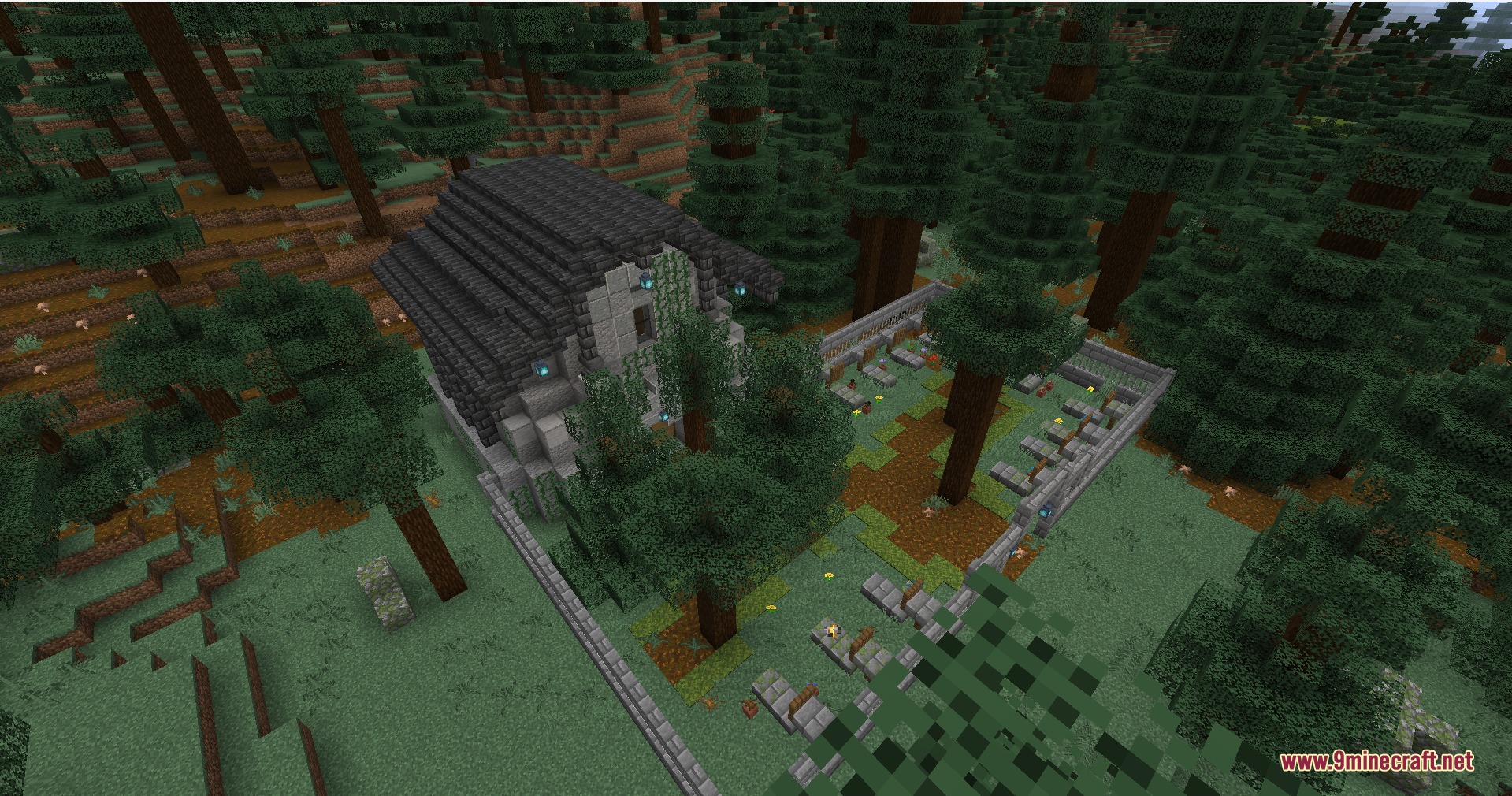 Wild Tome Chronicles Mod Screenshot 1 A stone building and graveyard surrounded by tall spruce trees in Minecraft