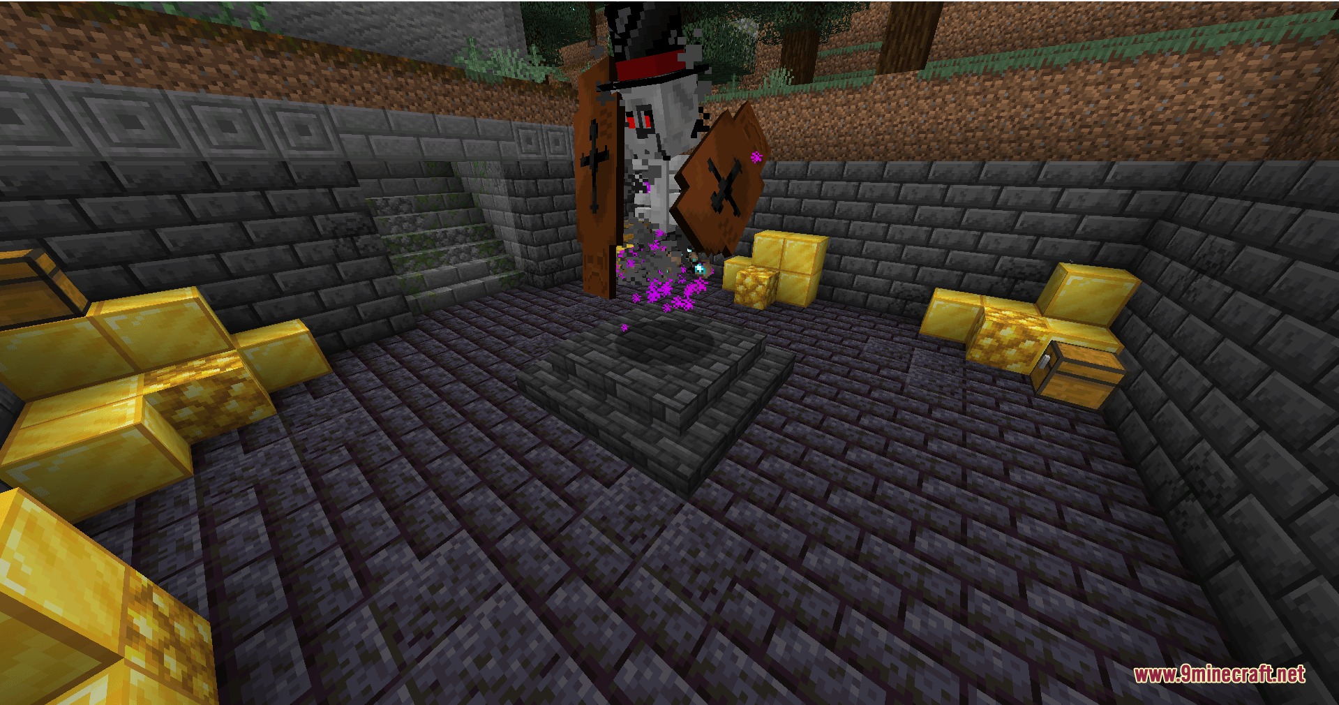 Wild Tome Chronicles Mod Screenshot 2 The Baron of Bones boss appearing in a stone room with gold blocks