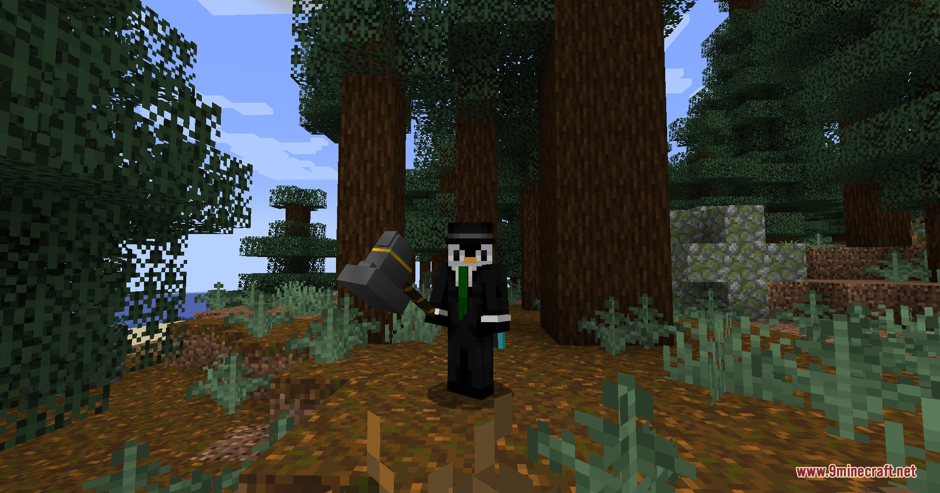 Wild Tome Chronicles Mod Screenshot 3 Player character wielding the Blacksmith God Hammer in a spruce forest biome