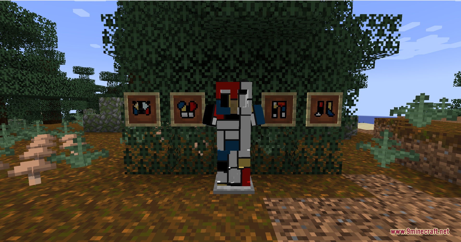 Wild Tome Chronicles Mod Screenshot 8 Multicolored White Album Armor pieces displayed on an armor stand in a forest