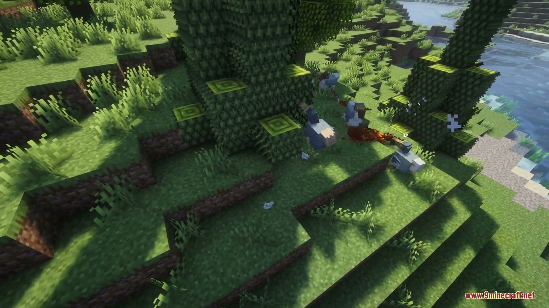 Wilderbound Frontiers Mod Screenshot 2 Prehistoric creatures sleeping on the grass in a lush Minecraft forest