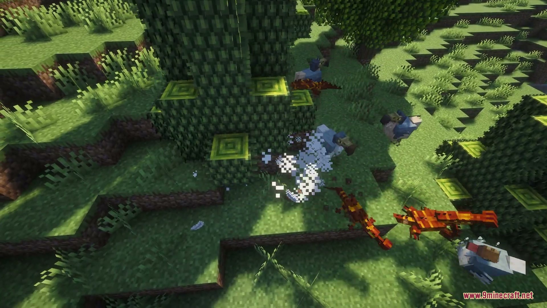 Wilderbound Frontiers Mod Screenshot 3 Small colorful dinosaurs running around a large tree in a Minecraft forest
