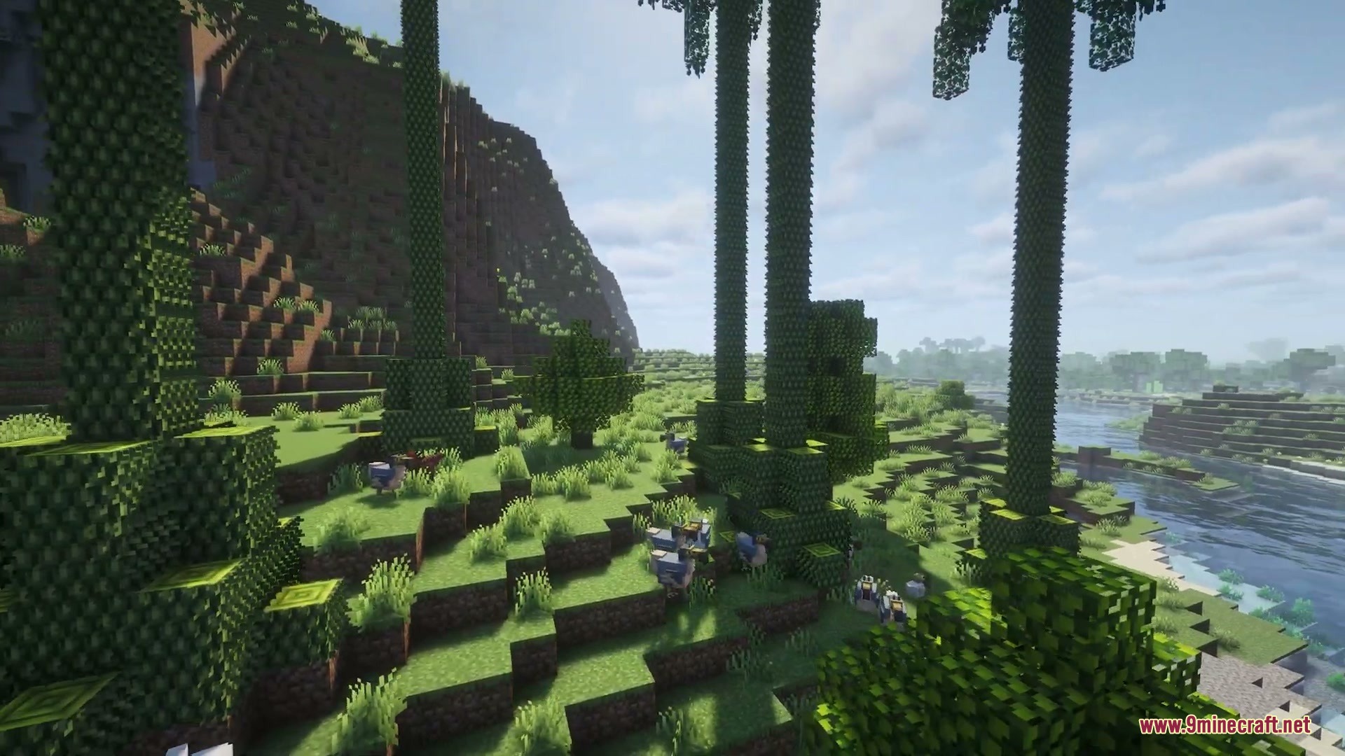 Wilderbound Frontiers Mod Screenshot 8 Tall prehistoric trees and small dinosaurs wandering through a dense forest biome