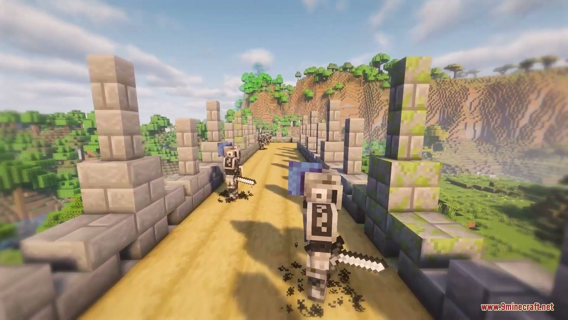 Two armored knights patrolling a stone bridge in a vibrant Minecraft world