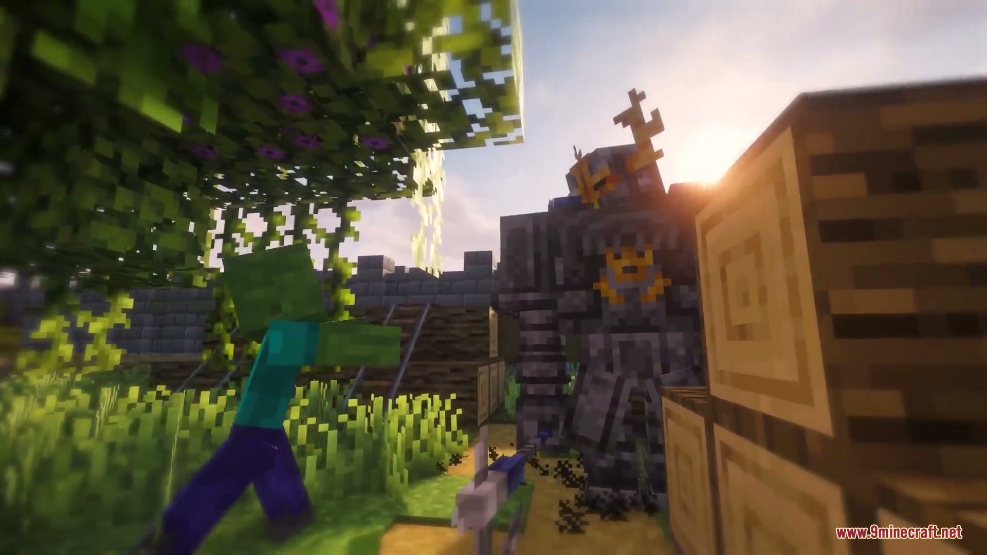 A zombie encounters a massive armored creature within a lush forest biome