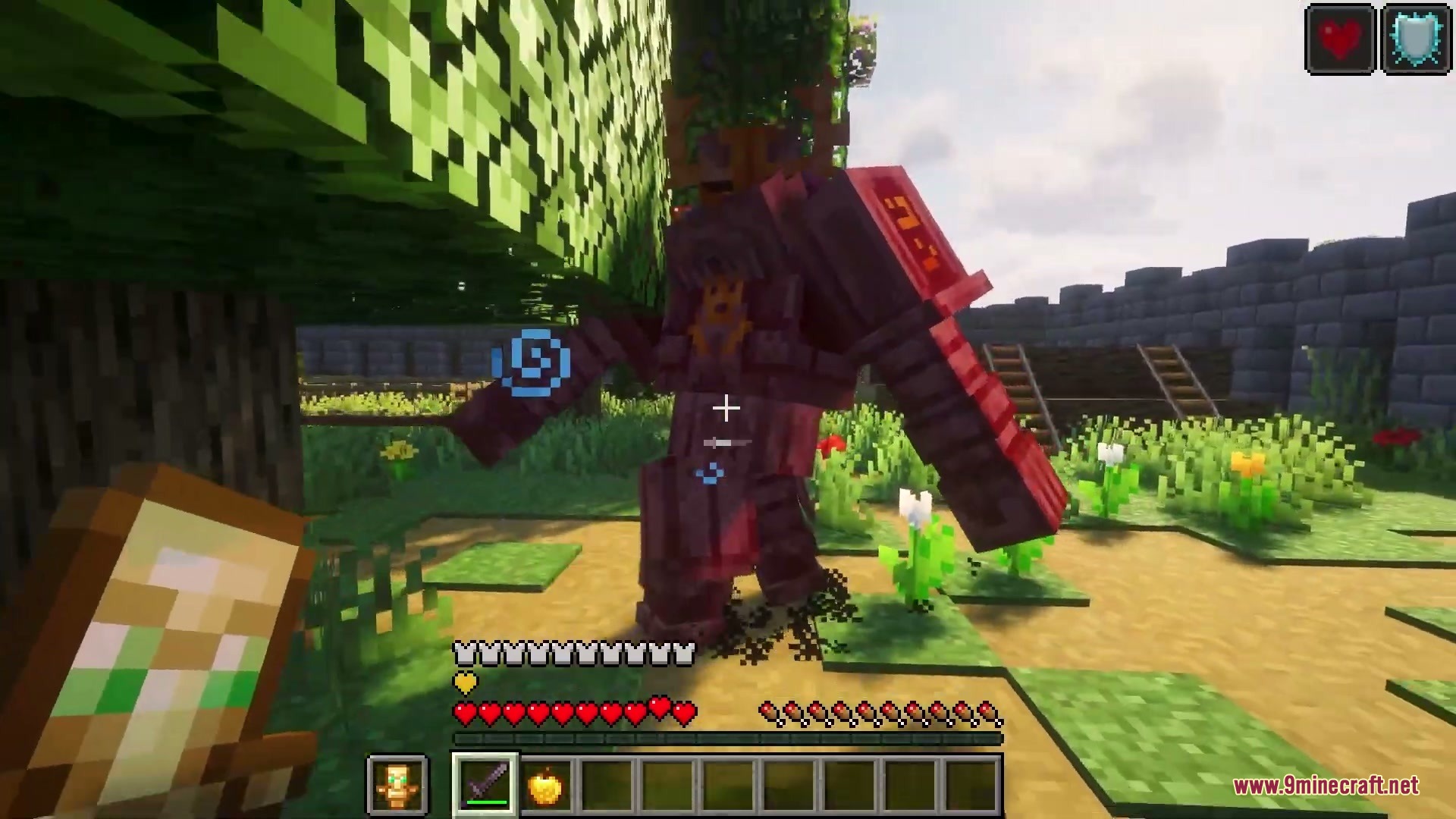A player battles a powerful armored boss mob from the Wildfold Chronicle Mod