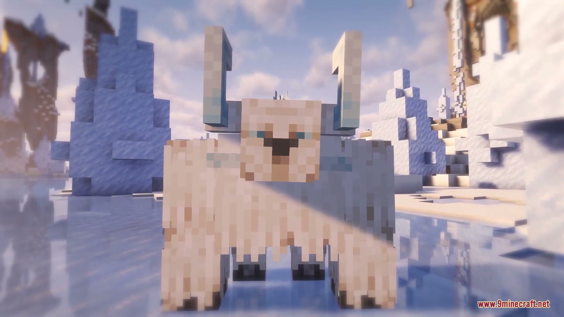 A large white furry creature with horns standing in an icy landscape
