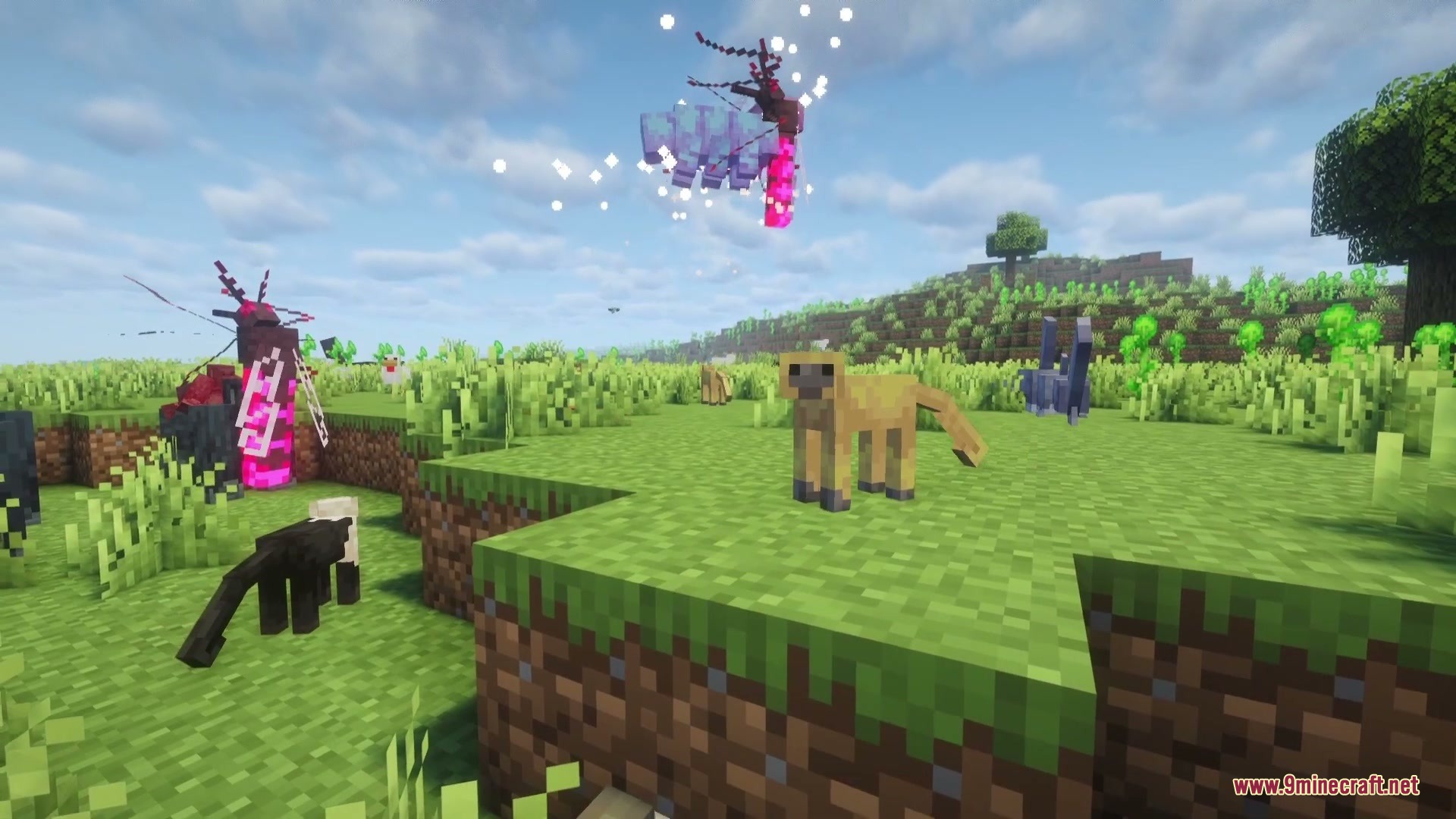 Wildlands Bestiary Renascent Mod Screenshot 2 A monkey and a black panther explore a grassy field with flying creatures