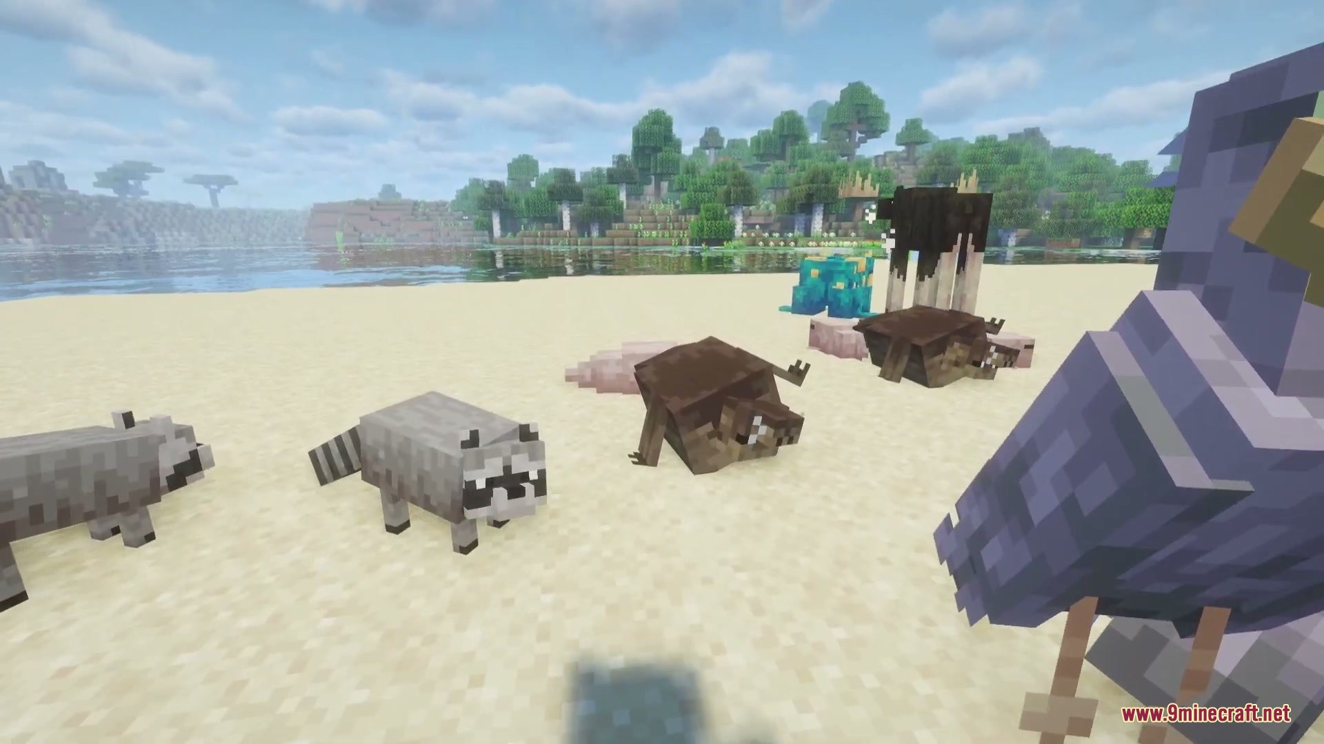 Wildlands Bestiary Renascent Mod Screenshot 4 Small raccoons and platypuses explore a sandy beach in a coastal biome