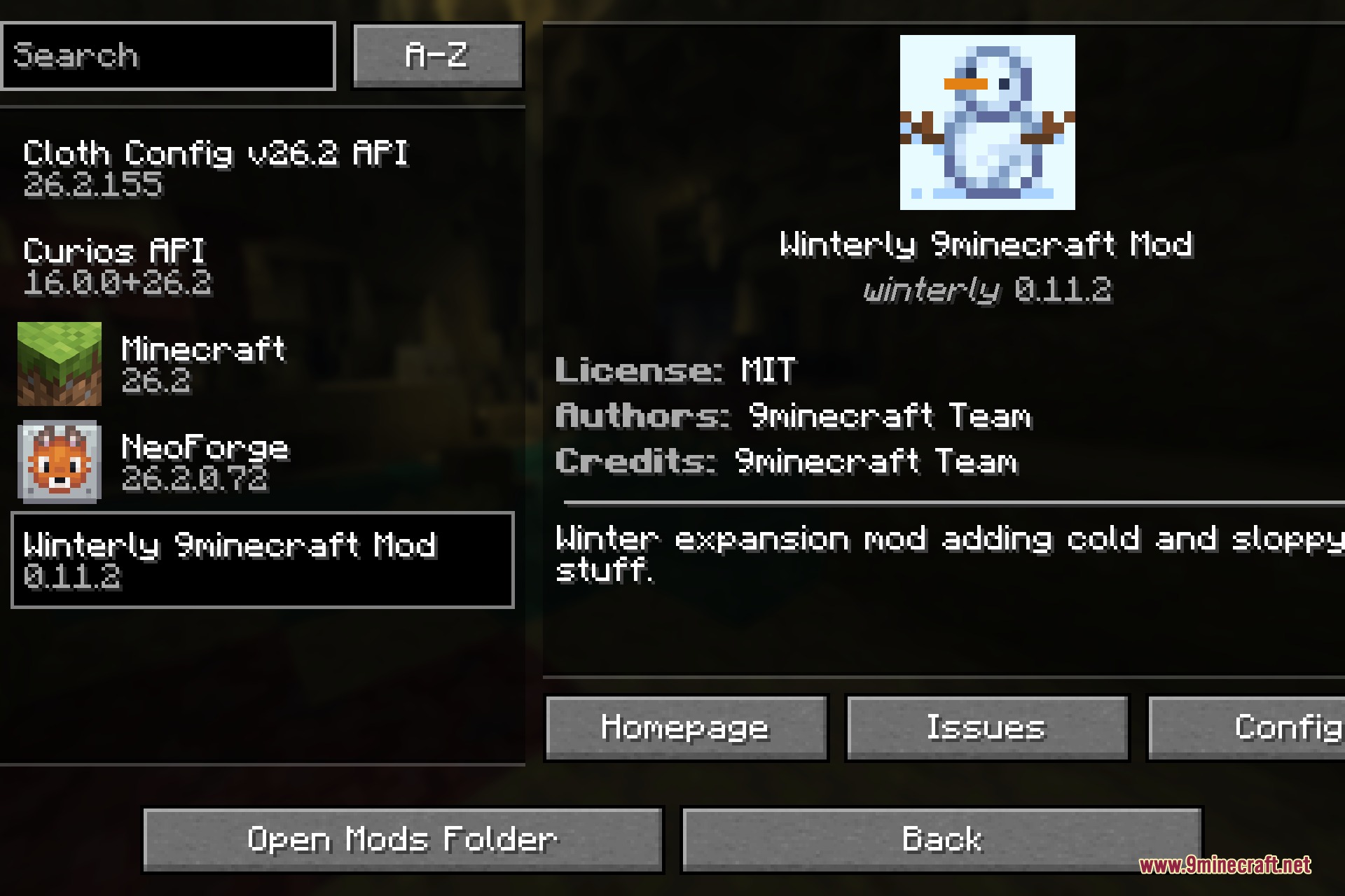 Winterly 9minecraft Mod selected in the NeoForge mods list showing the 9minecraft Team credits and homepage link