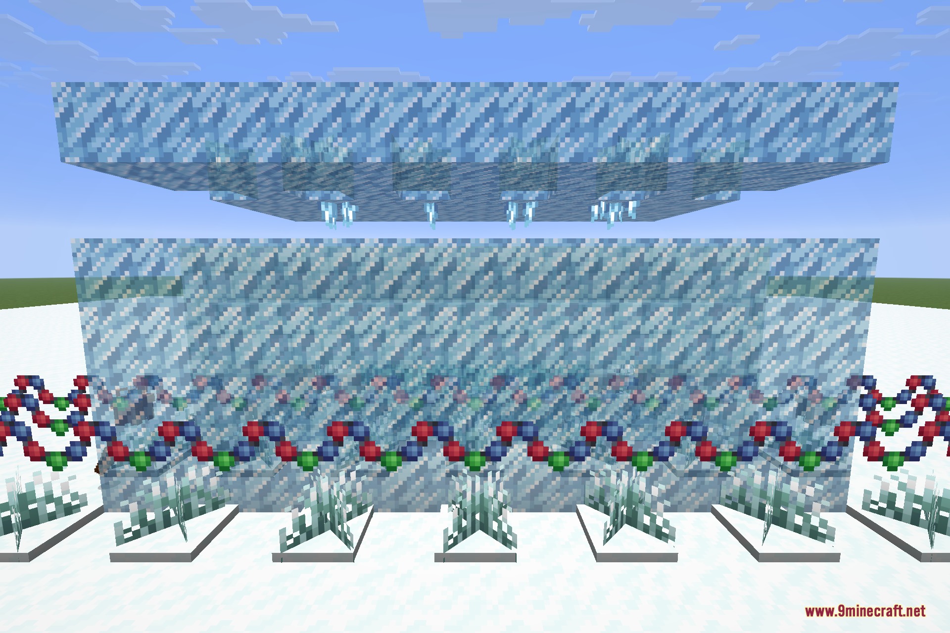 An icicle-block hall with icicle panes, a cryomarble block and a raw cryomarble shard