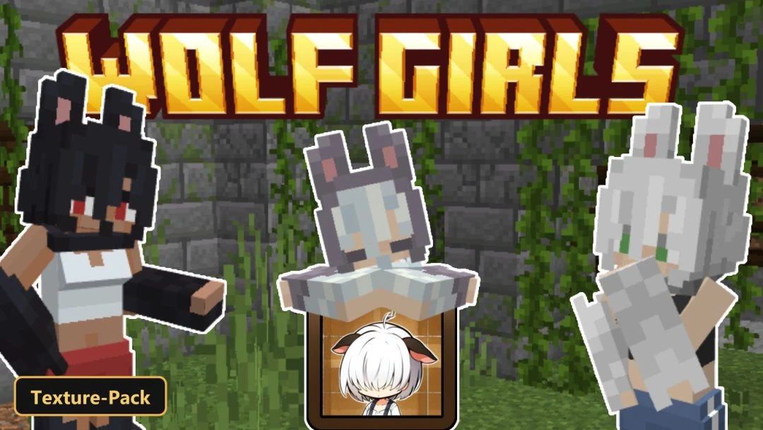 Three wolf girl skins in front of a stone wall with vines