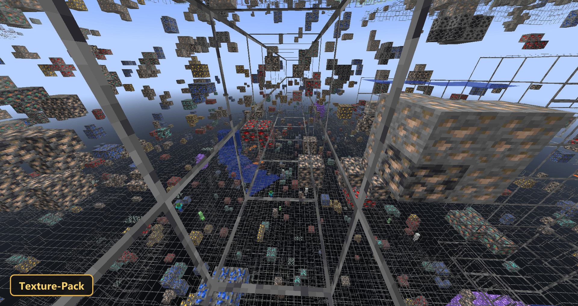 X-ray view of many floating ore blocks against a clear sky