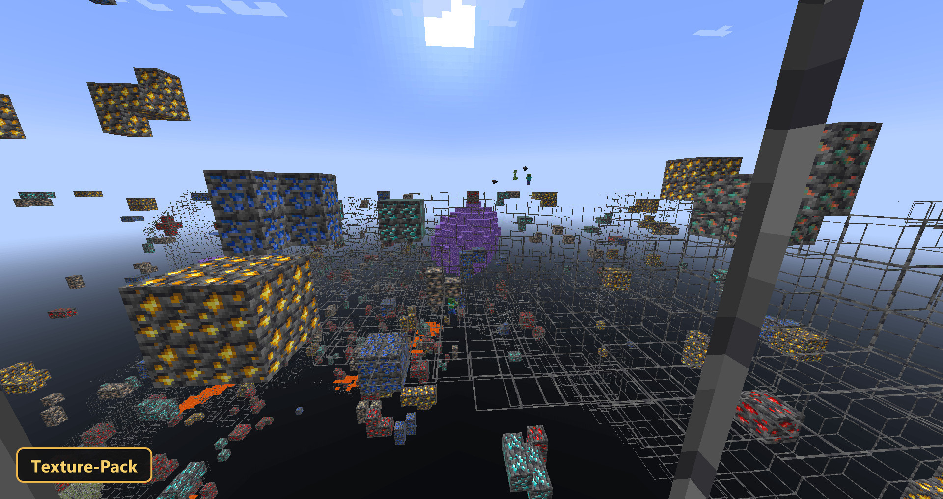 X-ray view of floating ore blocks, some glowing, under a bright sun