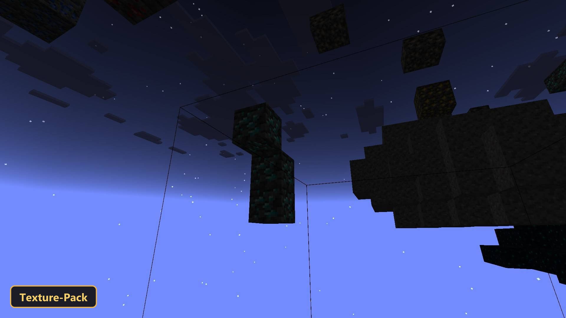 close-up of floating nether blocks and ores in a blue sky
