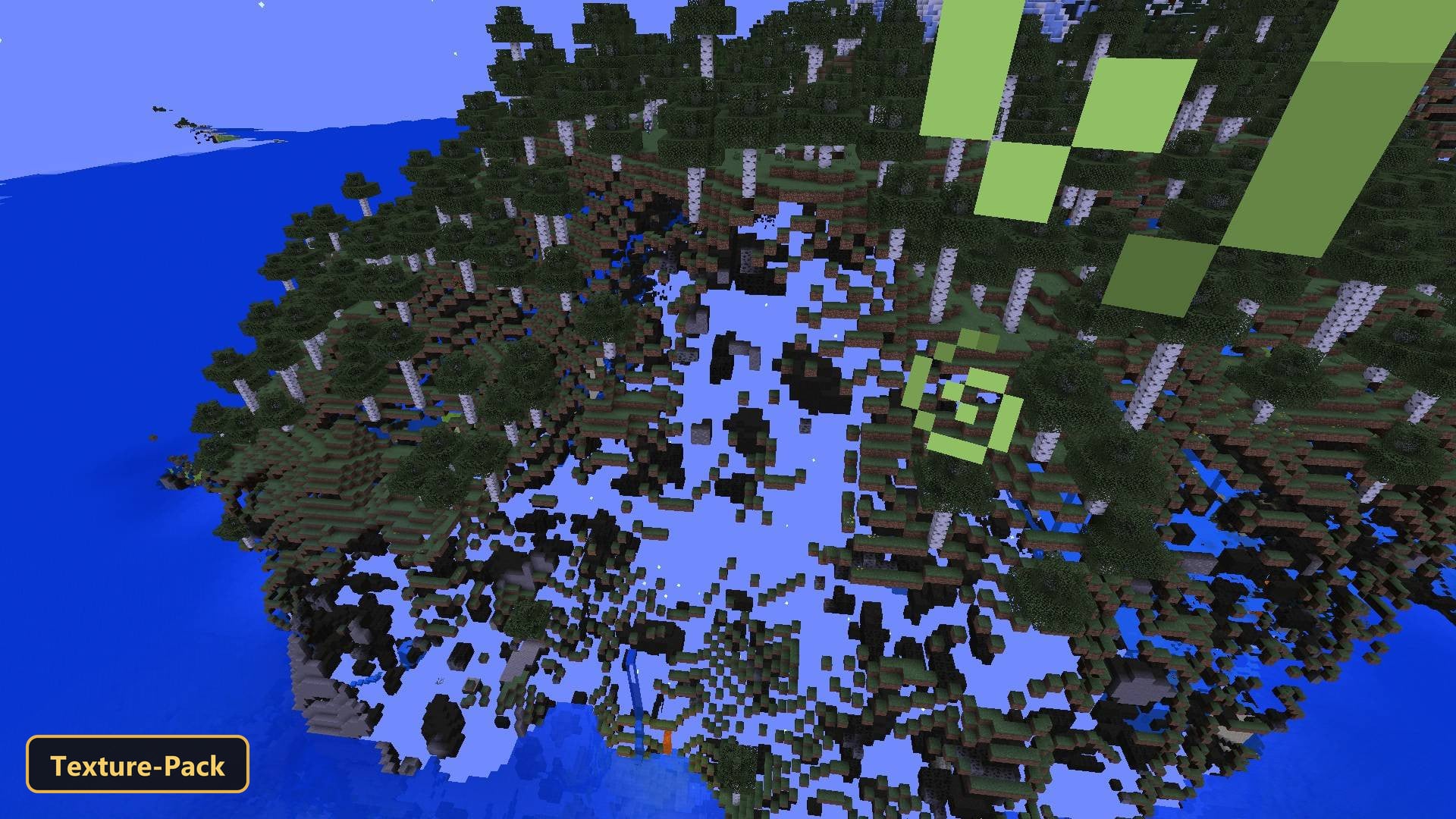 large floating island with trees and water, surrounded by ocean