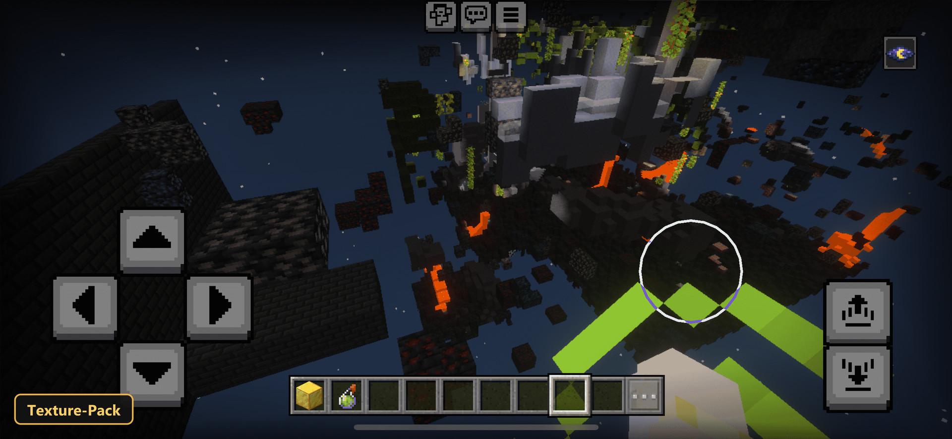 floating islands of nether blocks, lava, and glowing vines at night