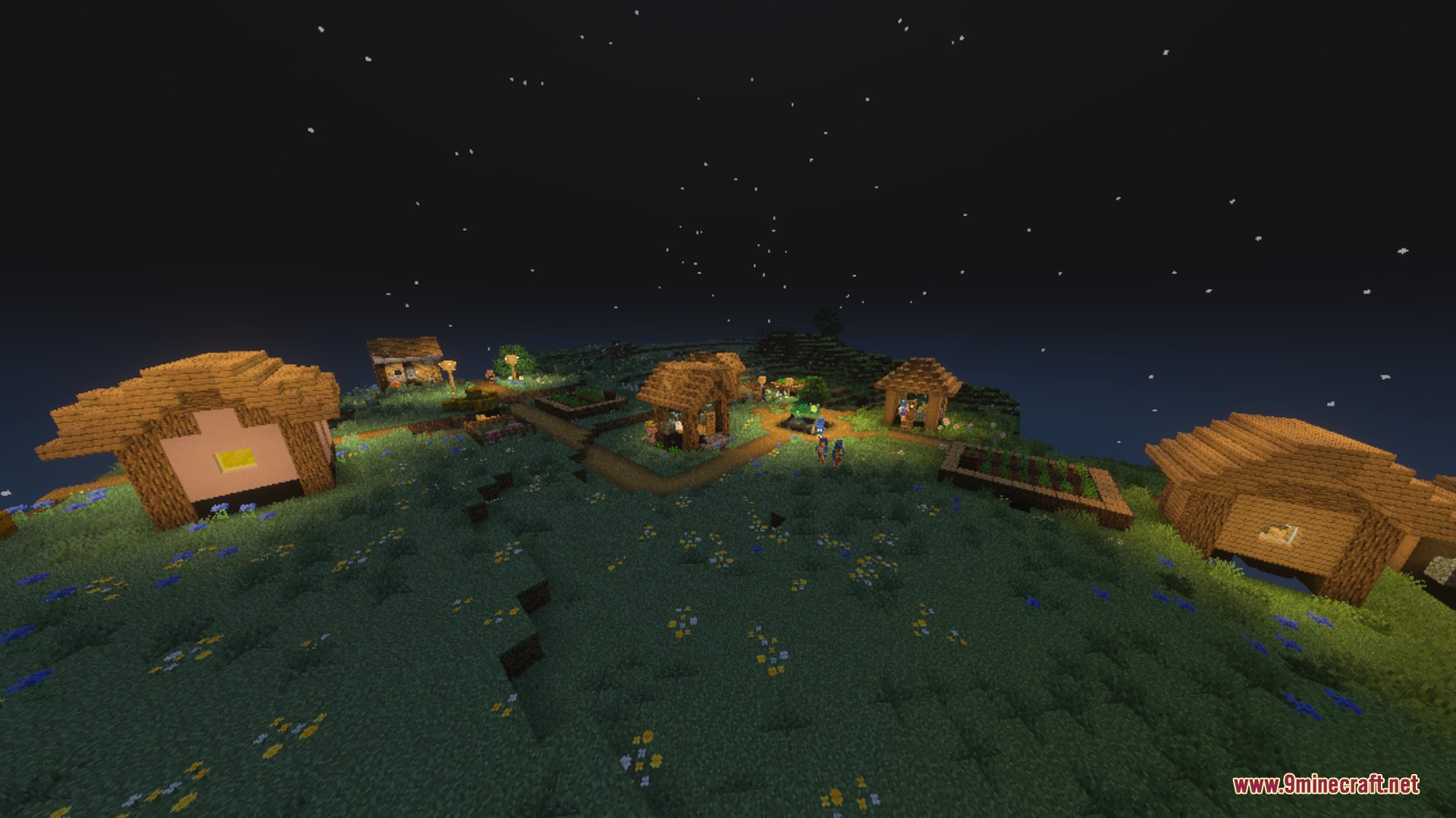 X-ray+better Shader Screenshot 4 A peaceful Minecraft village with small houses under a bright starry sky