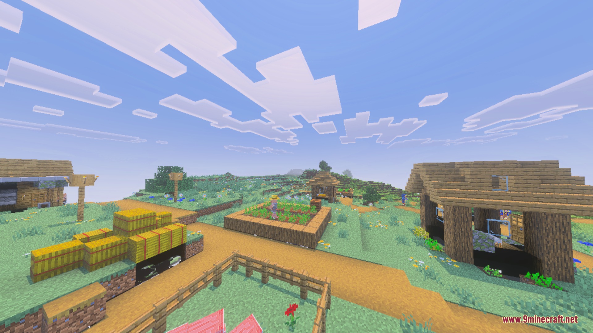 X-ray+better Shader Screenshot 6 A peaceful Minecraft village with wooden houses and a small farming area
