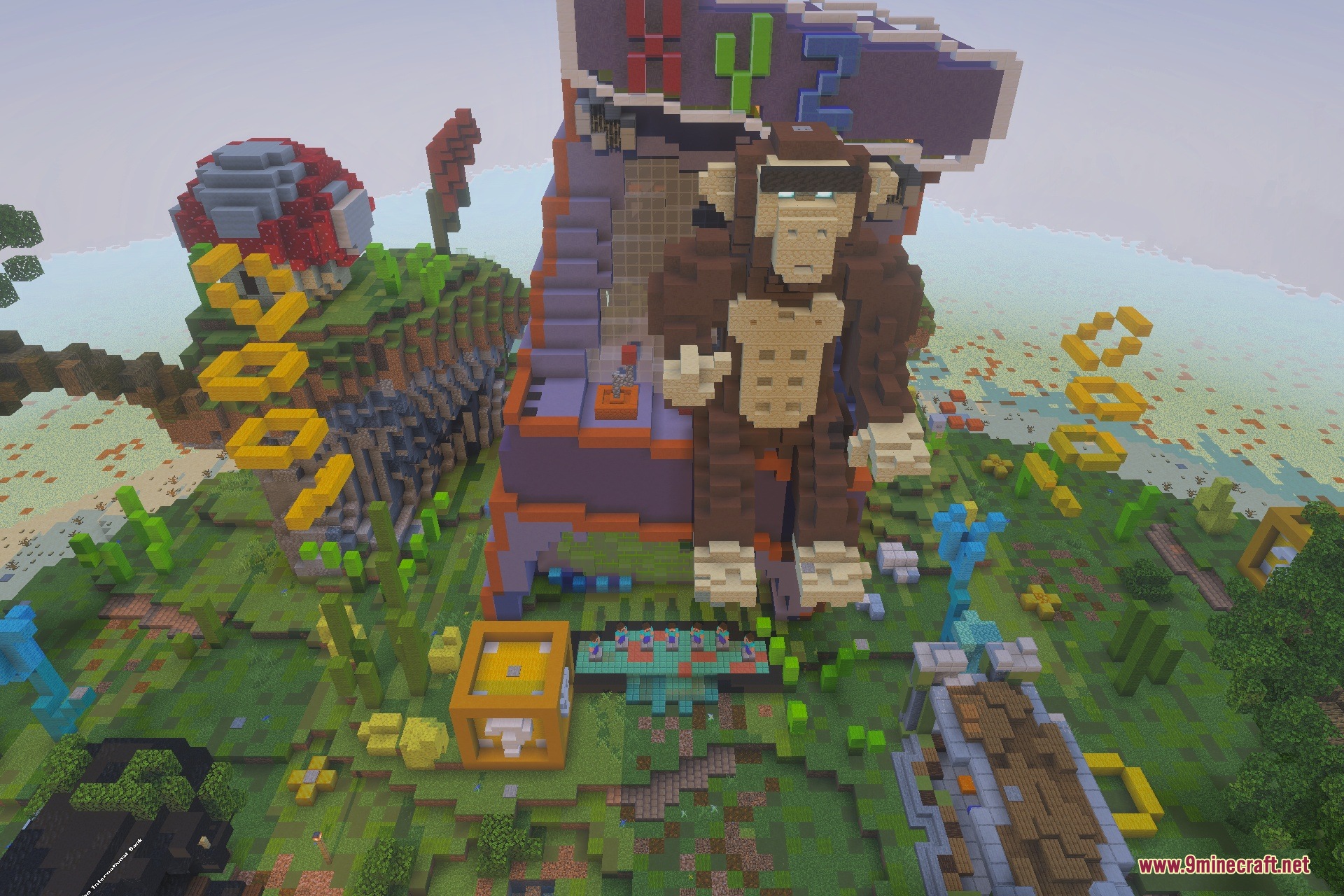 Large Donkey Kong statue and mushroom house in a colorful Minecraft mini game