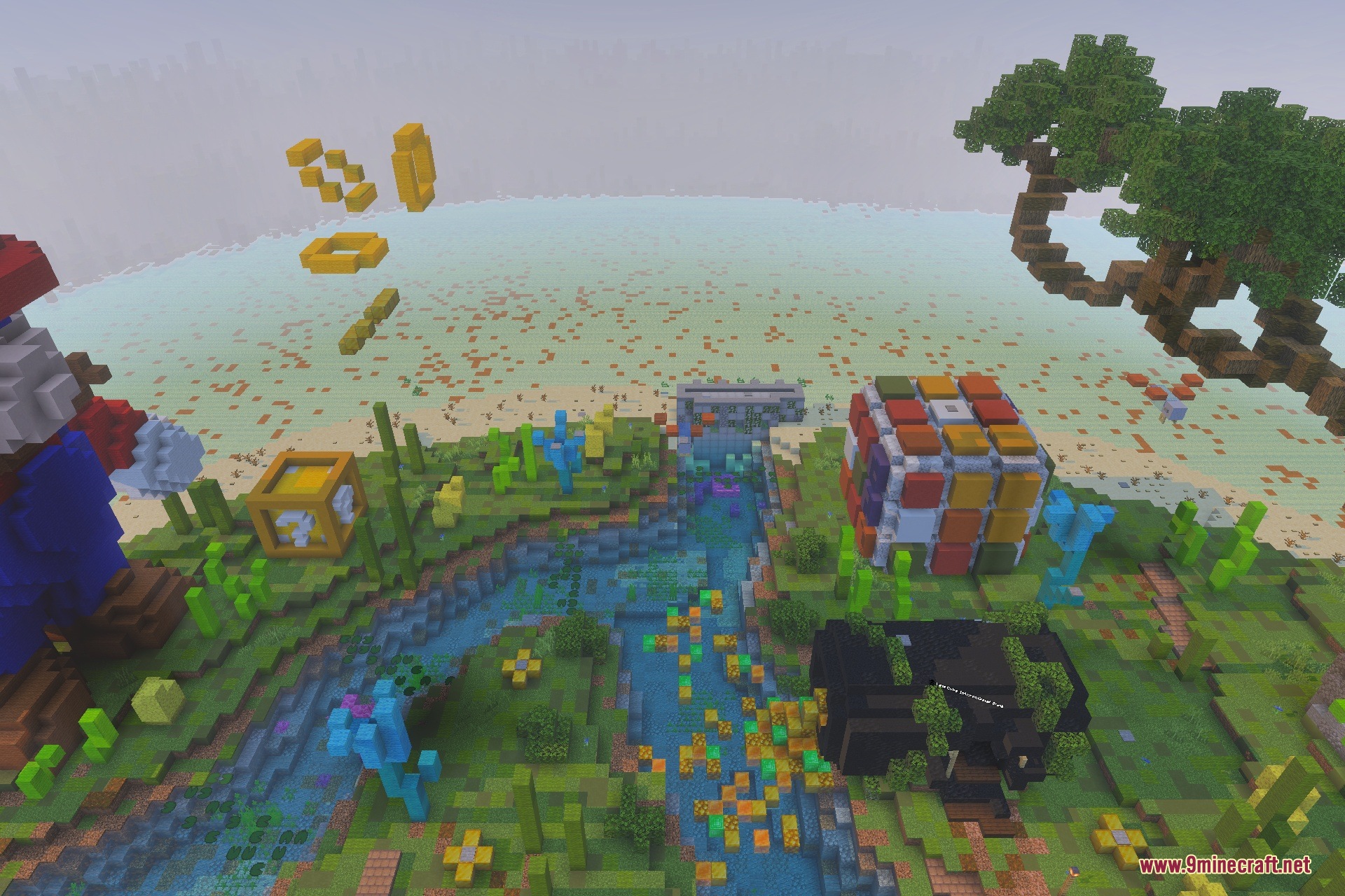 Floating gold coins and a giant puzzle cube in a Minecraft mini game